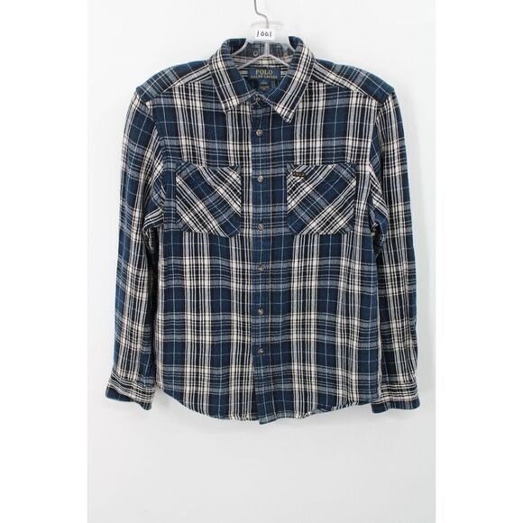 Polo Ralph Lauren Boy's Button Up Shirt  Plaid  Large 14-16 Medium Weight Blue - Picture 1 of 9